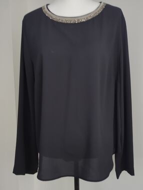 H&M Black Beaded Neckline Long-Sleeve Blouse